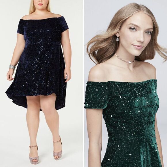 NEW MORGAN & CO‎ Green Sequined Hi-lo Velvet Fit + Flare Dress , 18W - Picture 2 of 16
